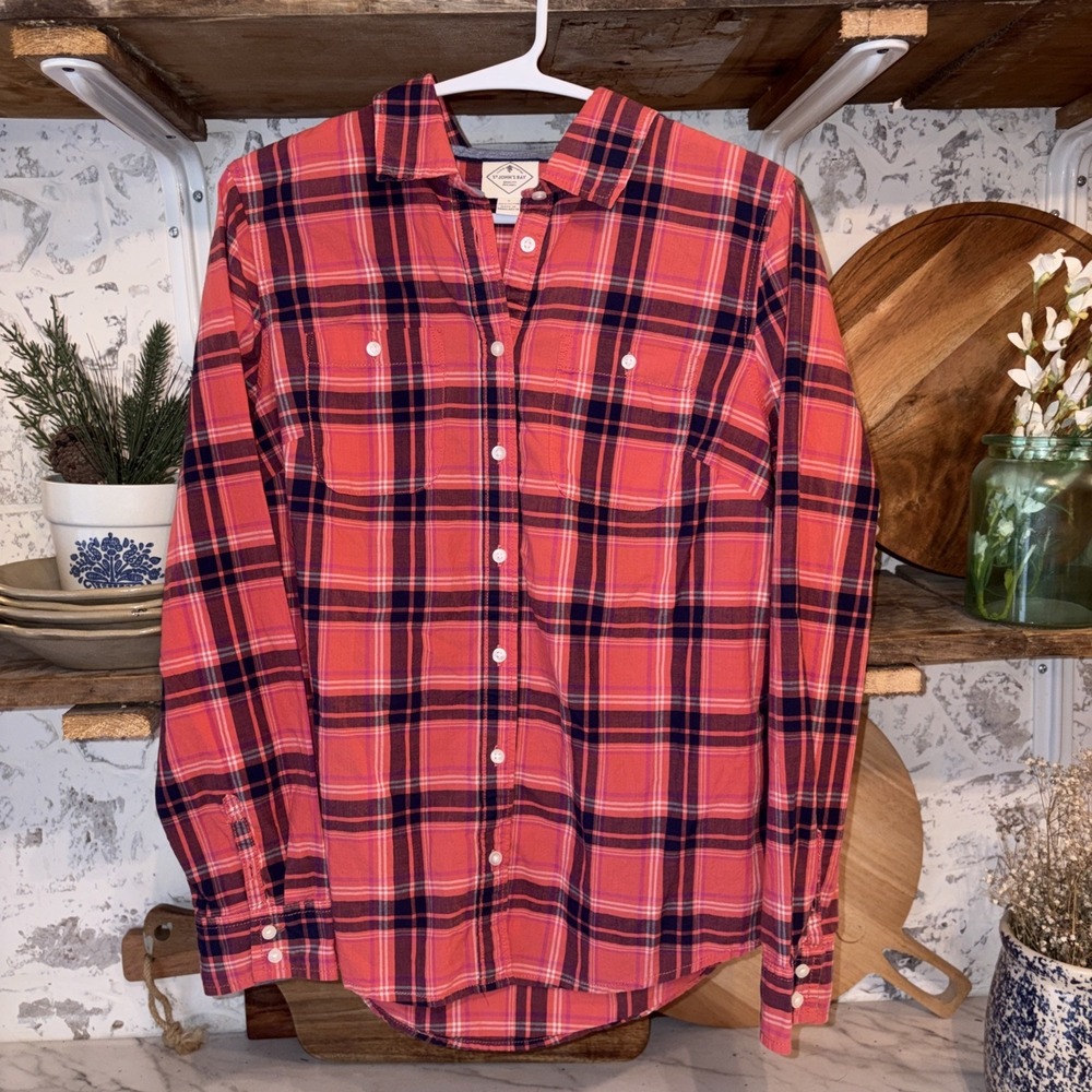 Women's Red Fall Plaid Size S 100% Cotton Button Down Lightweight Shirt